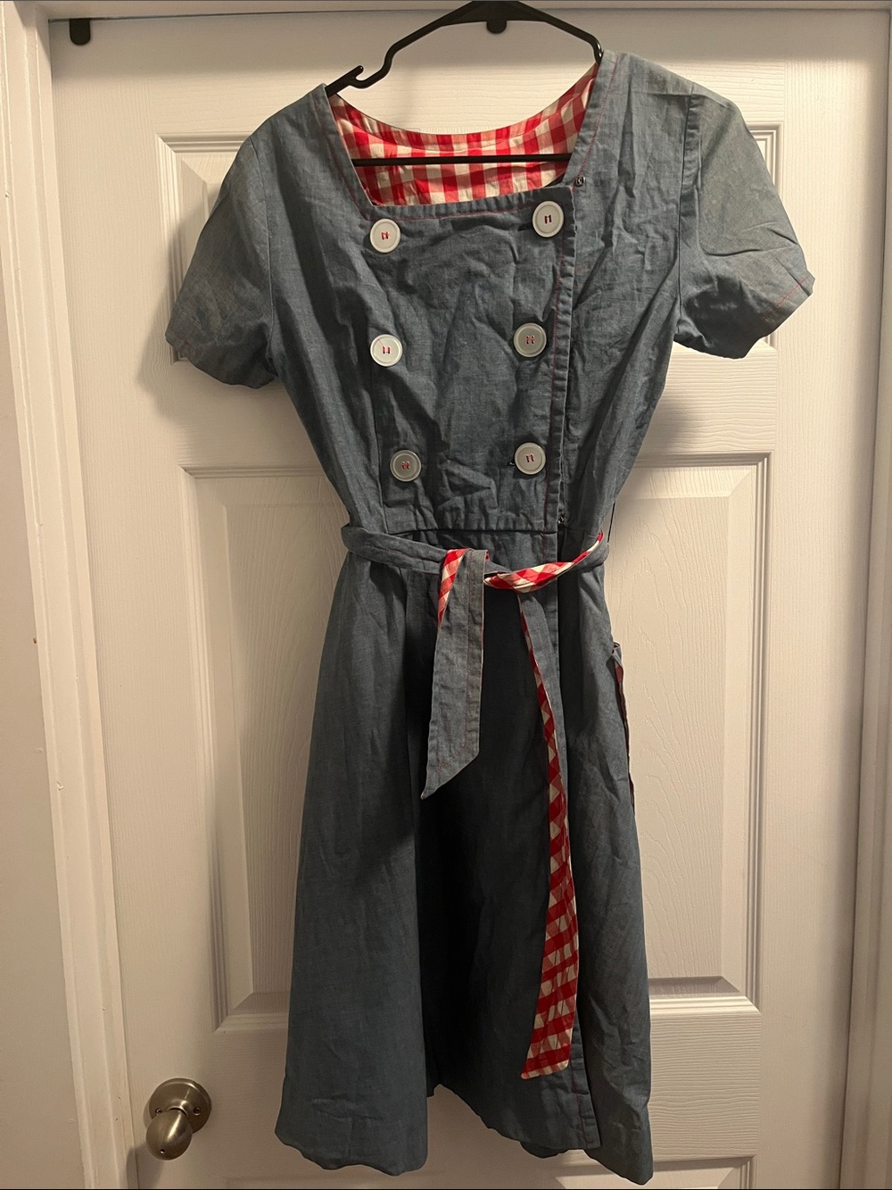 Vintage Blue Dress with Red Gingham Trim